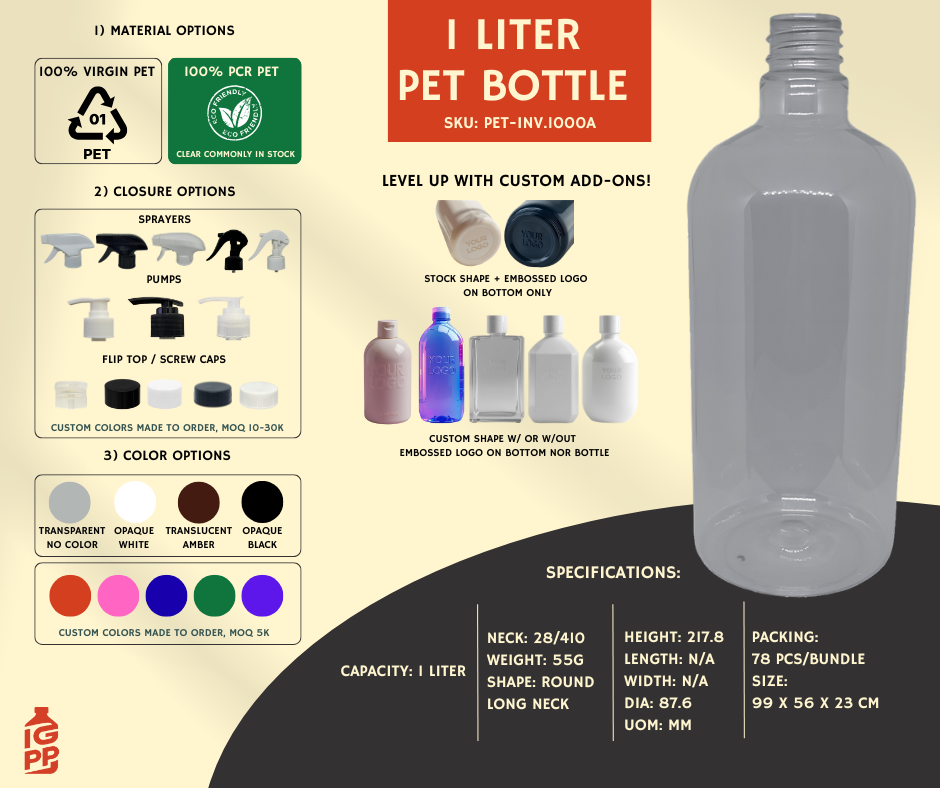 1 LITER PET BOTTLE - CLEAR ROUND LONG NECK