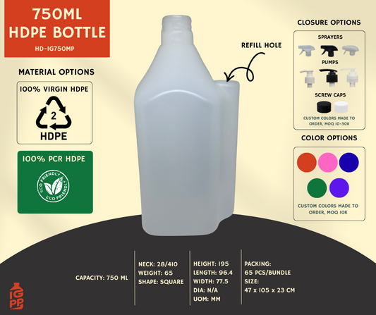 750 ML HDPE BOTTLE - NATURAL SQUARE