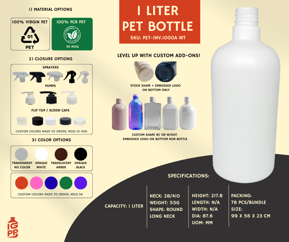1 LITER PET BOTTLE - WHITE ROUND LONG NECK