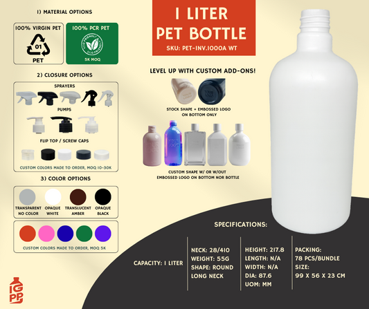 1 LITER PET BOTTLE - WHITE ROUND LONG NECK