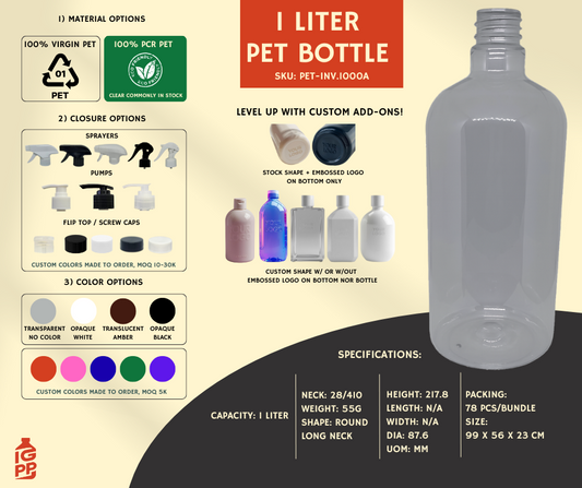 1 LITER PET BOTTLE - CLEAR ROUND LONG NECK