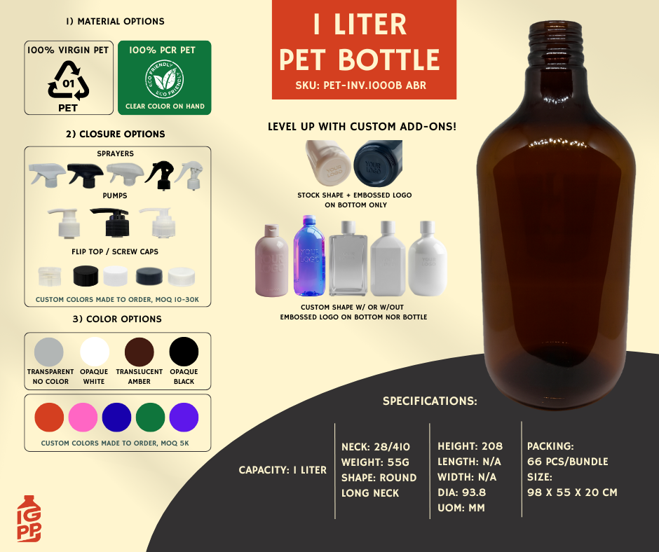 1 LITER PET BOTTLE - AMBER ROUND LONG NECK D2