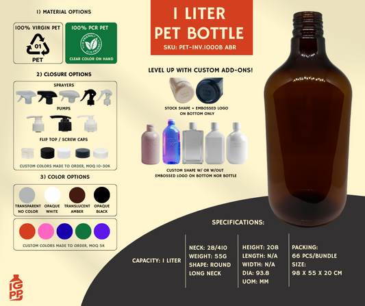 1 LITER PET BOTTLE - AMBER ROUND LONG NECK D2