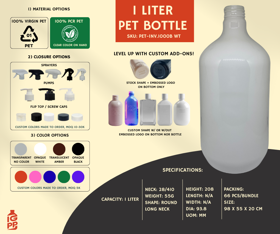 1 LITER PET BOTTLE - WHITE ROUND LONG NECK D2