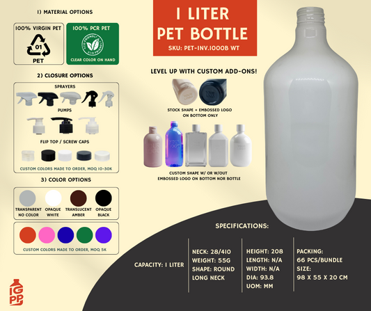 1 LITER PET BOTTLE - WHITE ROUND LONG NECK D2
