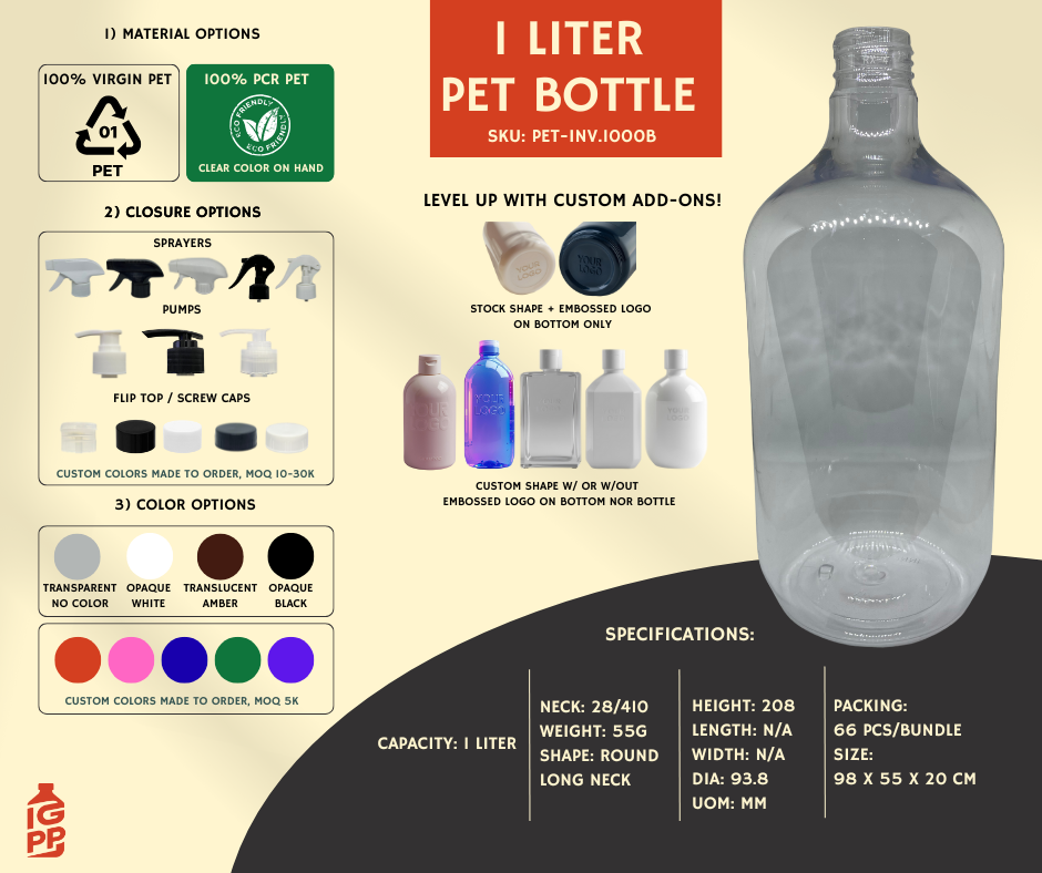 1 LITER PET BOTTLE - CLEAR ROUND LONG NECK D2