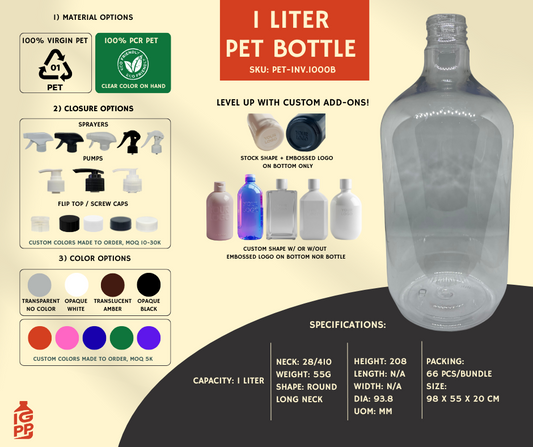 1 LITER PET BOTTLE - CLEAR ROUND LONG NECK D2
