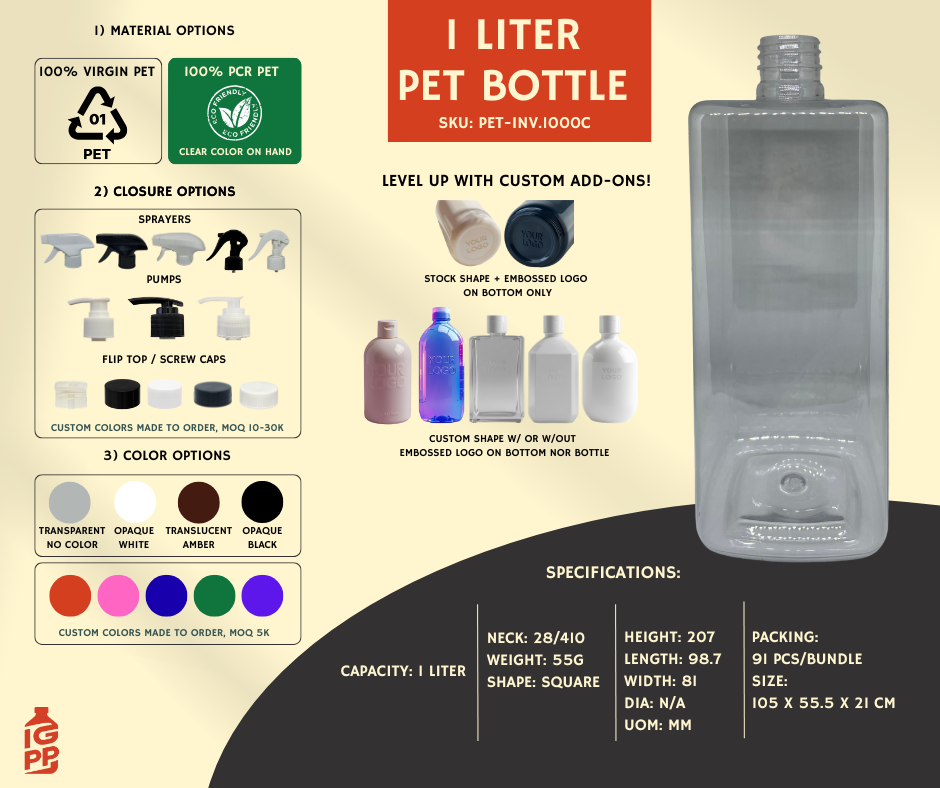 1 LITER PET BOTTLE - CLEAR SQUARE
