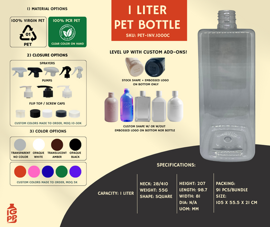 1 LITER PET BOTTLE - CLEAR SQUARE