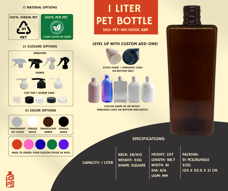 1 LITER PET BOTTLE - AMBER SQUARE