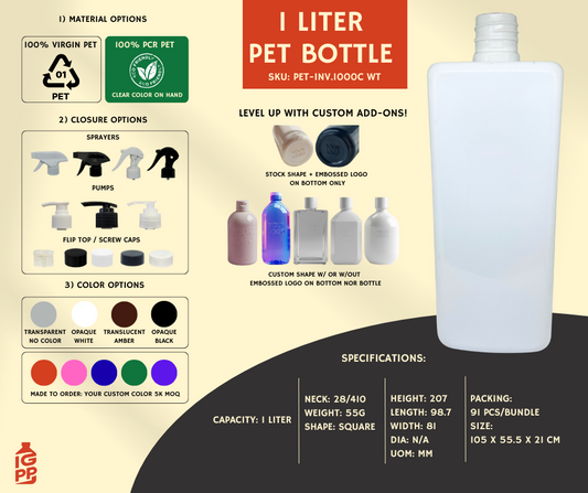 1 LITER PET BOTTLE - WHITE SQUARE