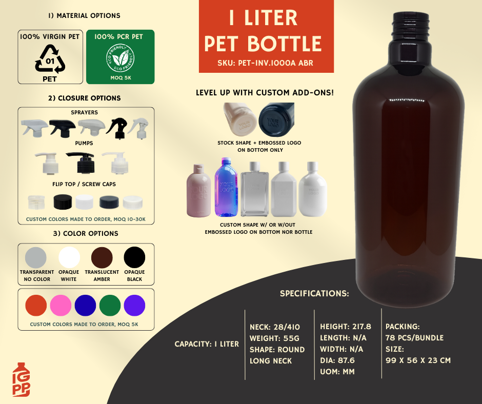 1 LITER PET BOTTLE - AMBER ROUND LONG NECK