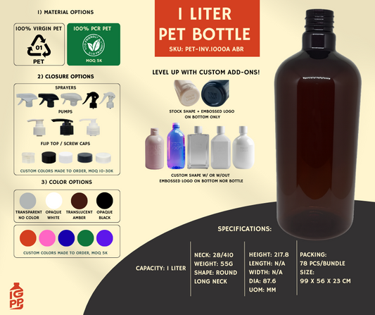 1 LITER PET BOTTLE - AMBER ROUND LONG NECK
